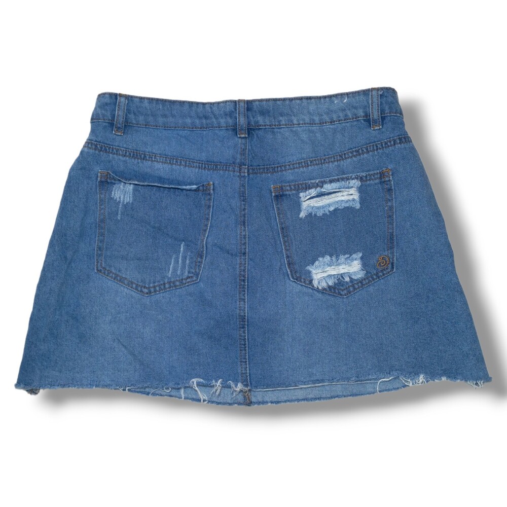 Indigo Rein Size 11 Distressed Raw Hem Mini Jean Skirt-Y2K-Micro-Button Fly - Picture 2 of 7